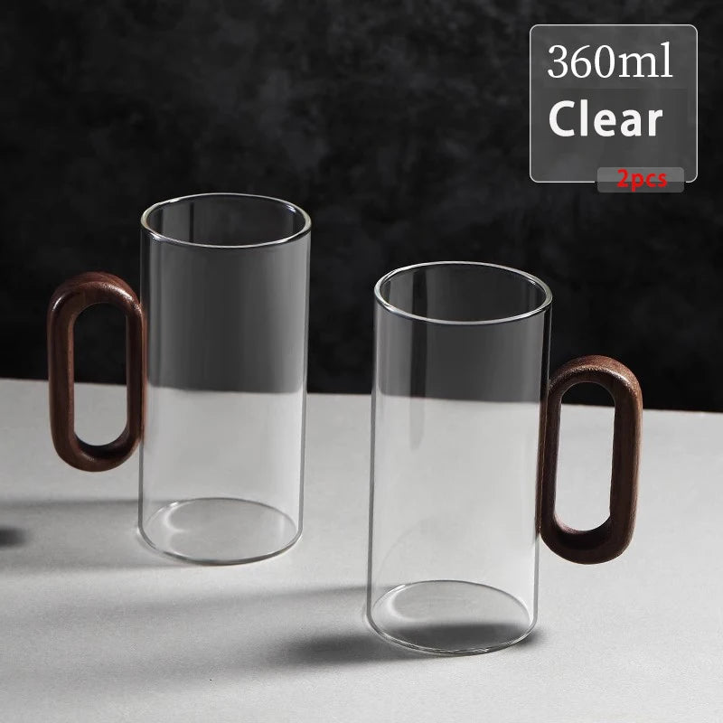 120/200/300/360ml Glass Cups With Walnut Handle Coffee Mug Set Heat-resistant Teacup Household Office Drinking Glasse 2pcs Quake 360ml 2pcs clear 120-360ml