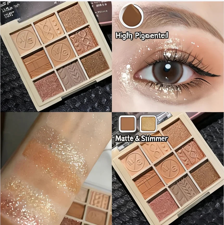 9-Grid Knitted Brown Eyeshadow Palette Matte & Shimmer 9 Colors Natural Waterproof for Graduation Prom Makeup Quake