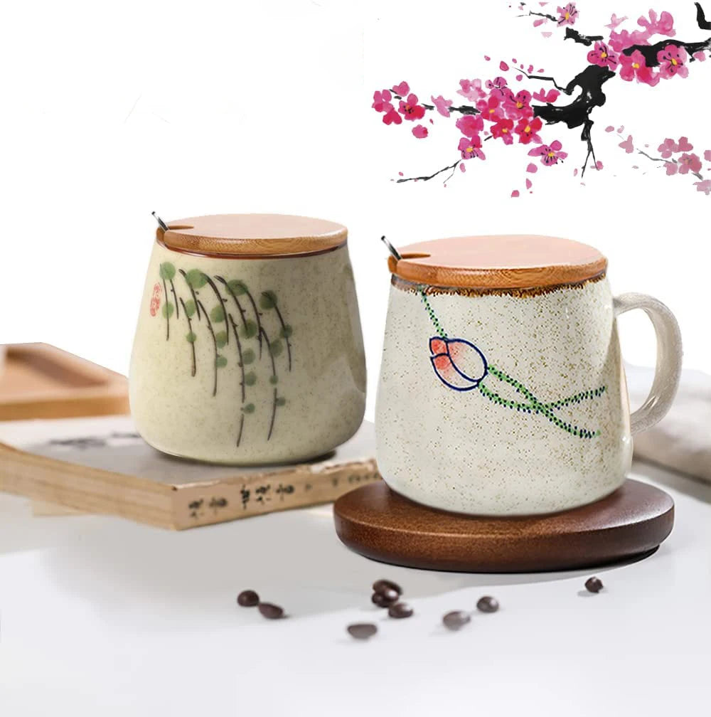 YWDL 350ml Japanese Ceramic Coffee Mug With Lid And Spoon Milk Breakfast Cups Home Heat-resistant Teacup Tumbler Water Mug Gift Quake