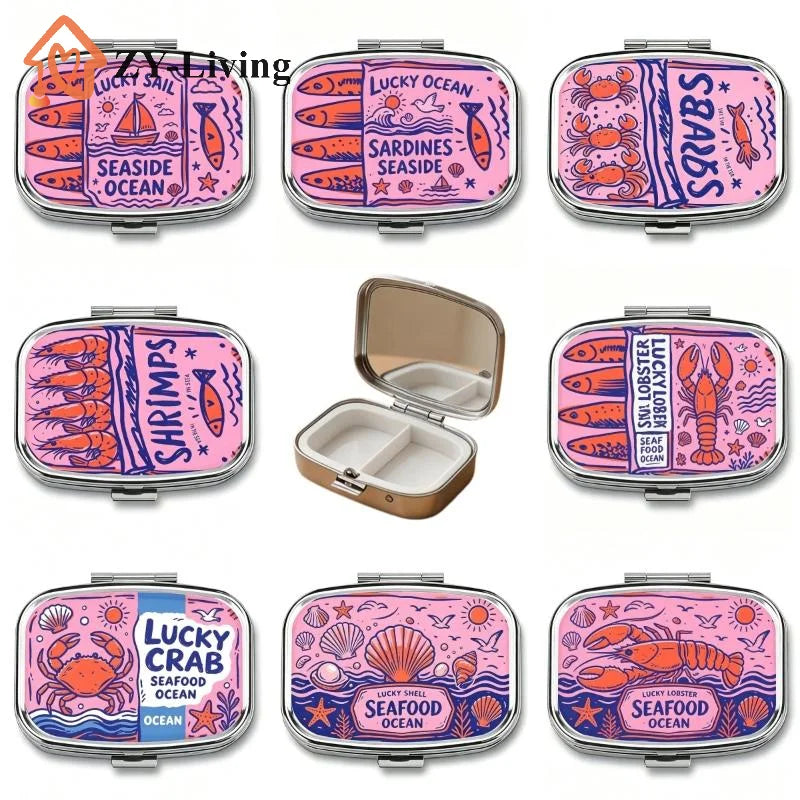 1Pcs 2-Compartment Retro Sardine Print Pill Box Metal Mini Organizer For Women Travel Jewelry Medicine Candy Storage Quake