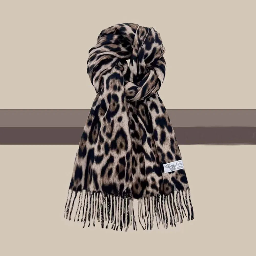 Korean Leopard Tassels Shawl Imitation Cashmere Windproof Foulard Pashmina Hijabs Thickened Winter Warm Scarf Neck Warmer Quake Khaki