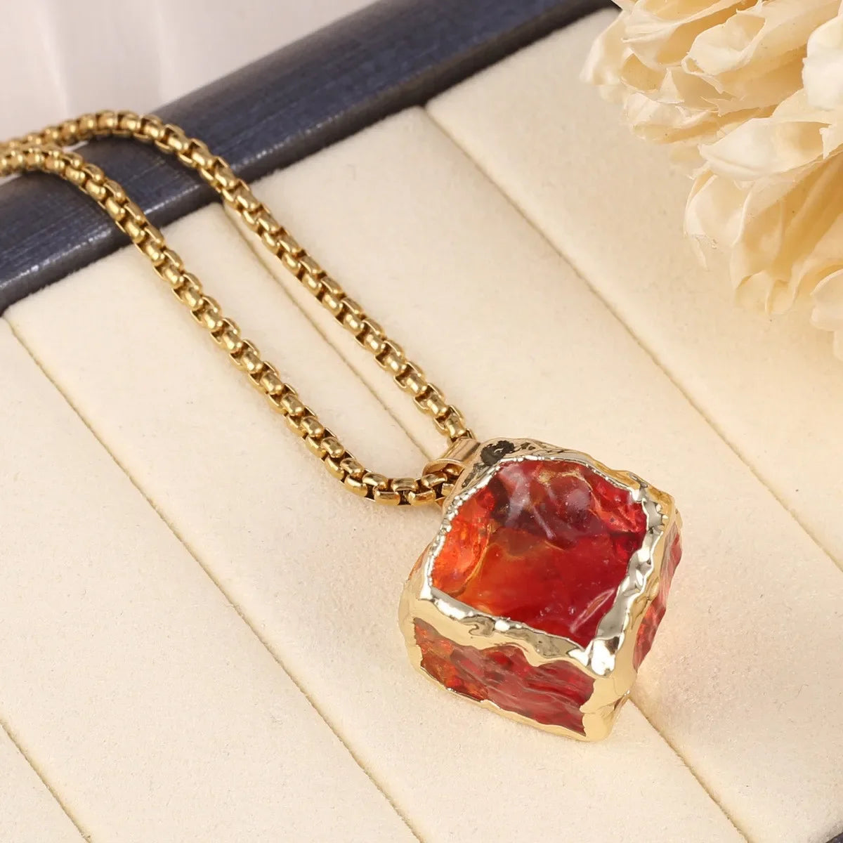 Natural Stone Semi-precious Stone High Quality Delicate Square Crystal Necklace Gift for Jewelry Making DIY Necklace Accessory Quake red yellow