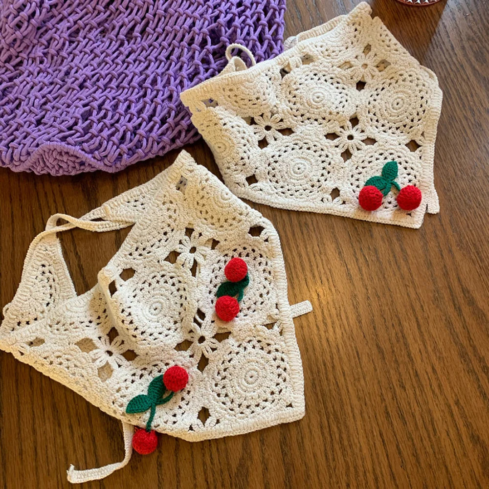 Knitted Triangle Headband Cute Little Cherry French Pastoral Style Headband Towel Handmade Crochet Headscarf Hat Girls Quake