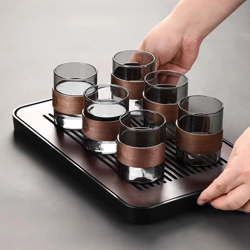 Thickened Glass Tea Cup with Wooden Ring Heat-resistant and Heat-resistant Water Cup Master Cup Household Glass Cup Coffee Cup Quake