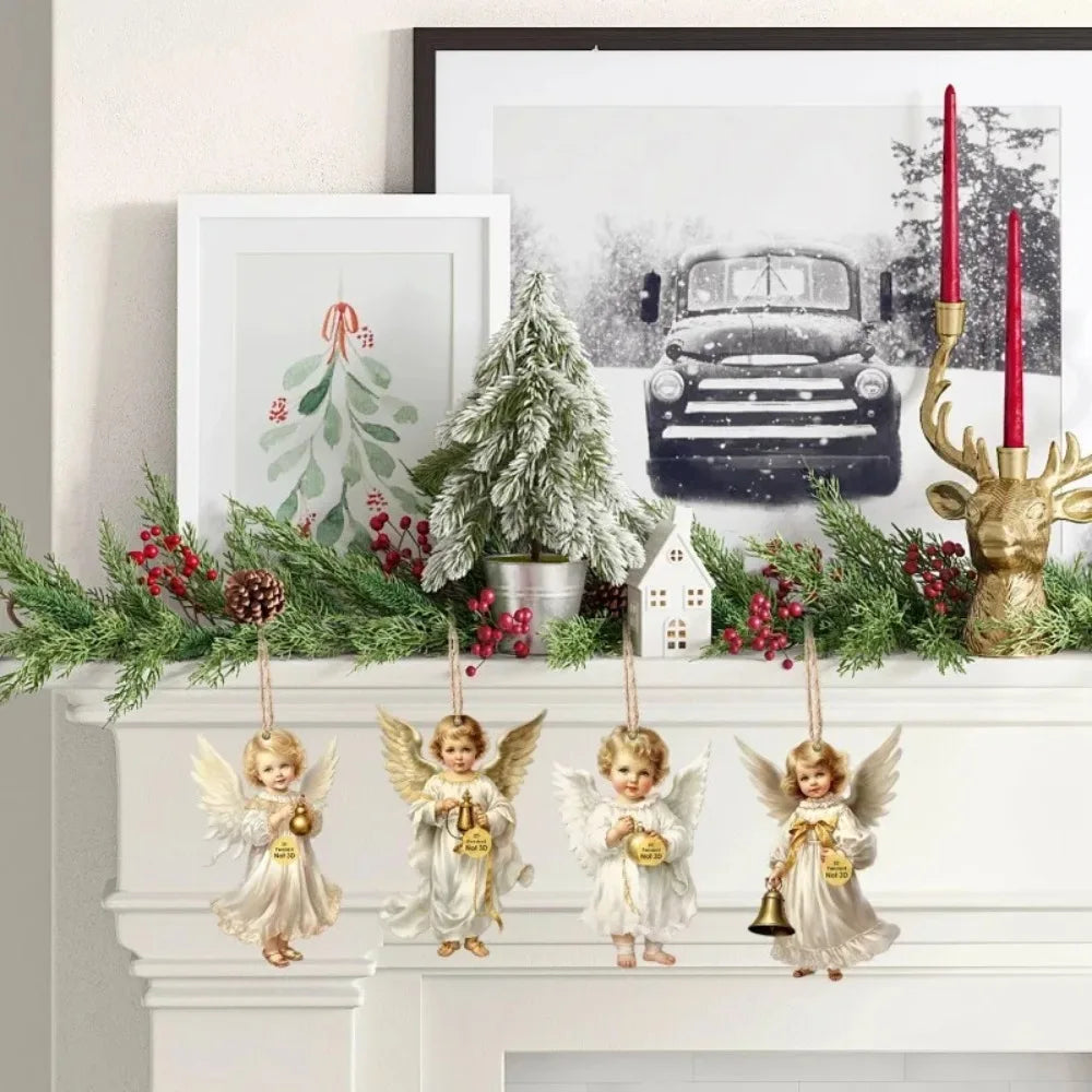60/12PCS Vintage Angel Wooden Pendants with Rope DIY Christmas Tree Hanging Ornament Christmas Holiday Home Party Decor Supplies Quake