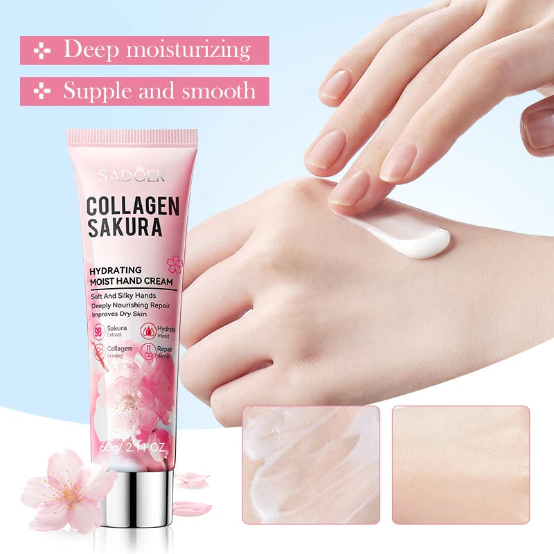 Sakura Collagen Hydrating Hand Cream Moisturizing Hand Lotion For Dry Cracked Hands, Deep Repair Smooth Hands Care 60g Quake