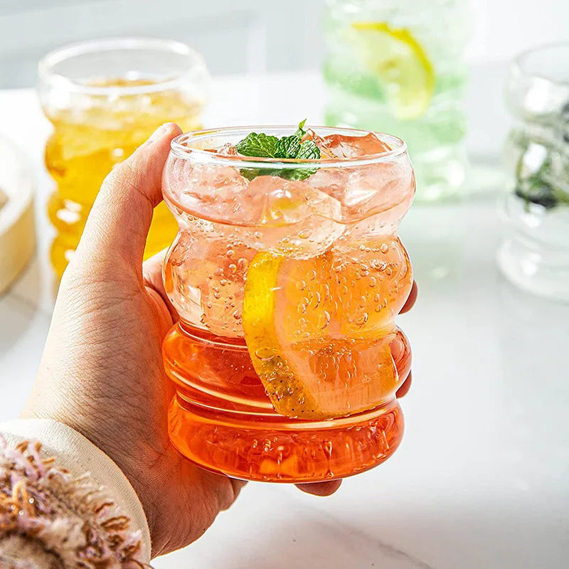 YWD 1/2/4PCS Glass Cup with Lid Straw Heat-resistant Wave Cup Beer Juice Ice Coffee Cups Cocktail Fruit Glass Drinkware Quake