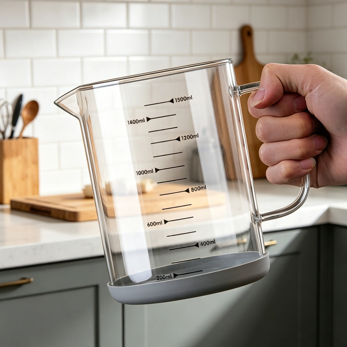 YWDL 1/1.5L High Borosilicate Glass Measuring Cup with Removable Silicone Base Heat Resistant Pitcher with Scale Mark Baking Cup Quake