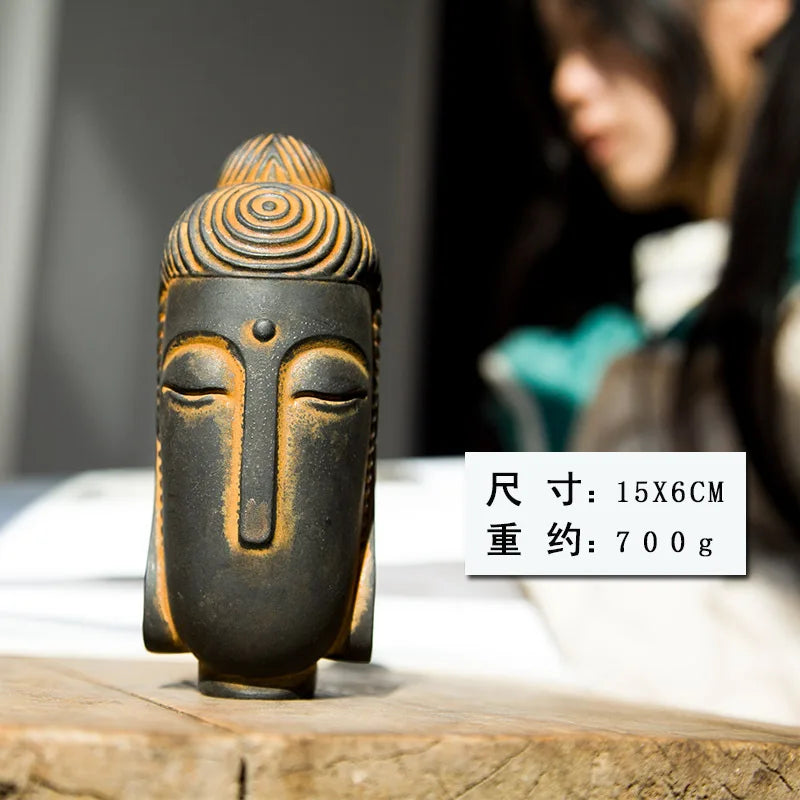 Chinese Zen Style National Style Formless Buddha Head Desktop Home Decoration High-end Vintage Craft Ornament Quake 15cm Natural Rust