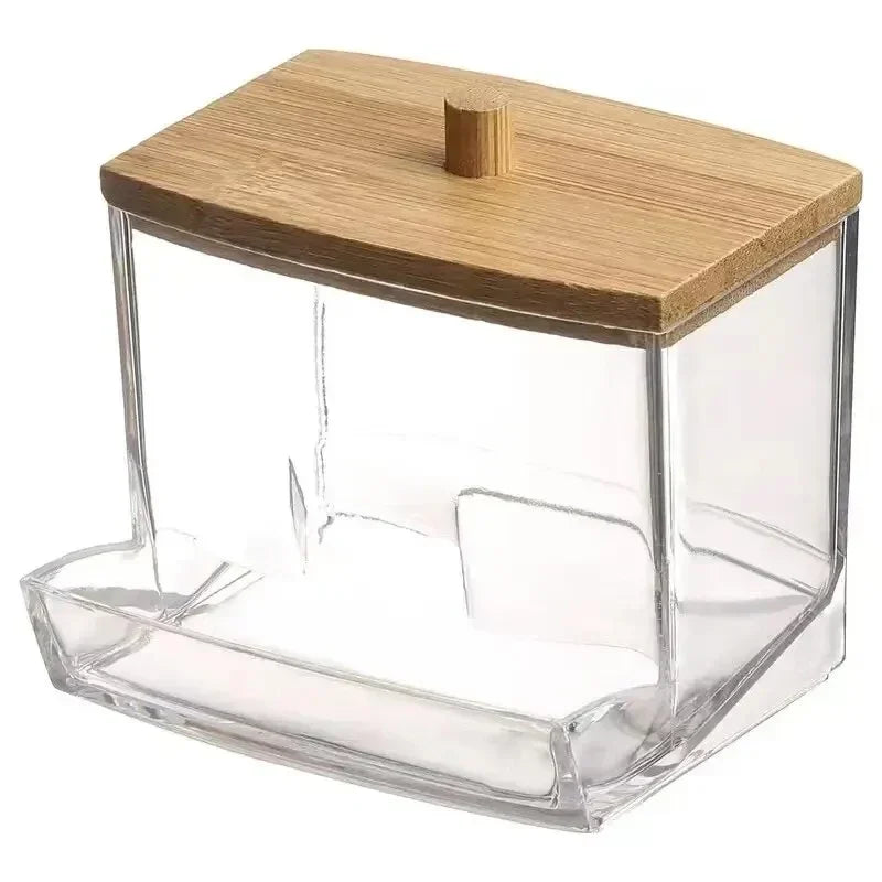 Organize Box Double Head Cotton Swab Storage Box Cotton Container Transparent Square Bamboo Cover Cotton Swab Toothpick Quake B326 transparent