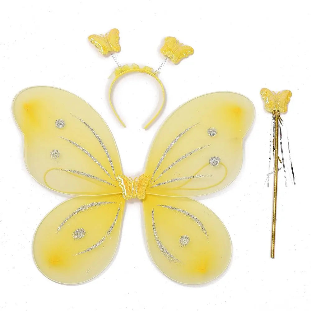 3Pcs/Set Kids Headband Wings Wand Girls Summer Photography Outfit Children Yellow Green Purple Pink Fairy Tale Props Quake Style 7-3pcs-set