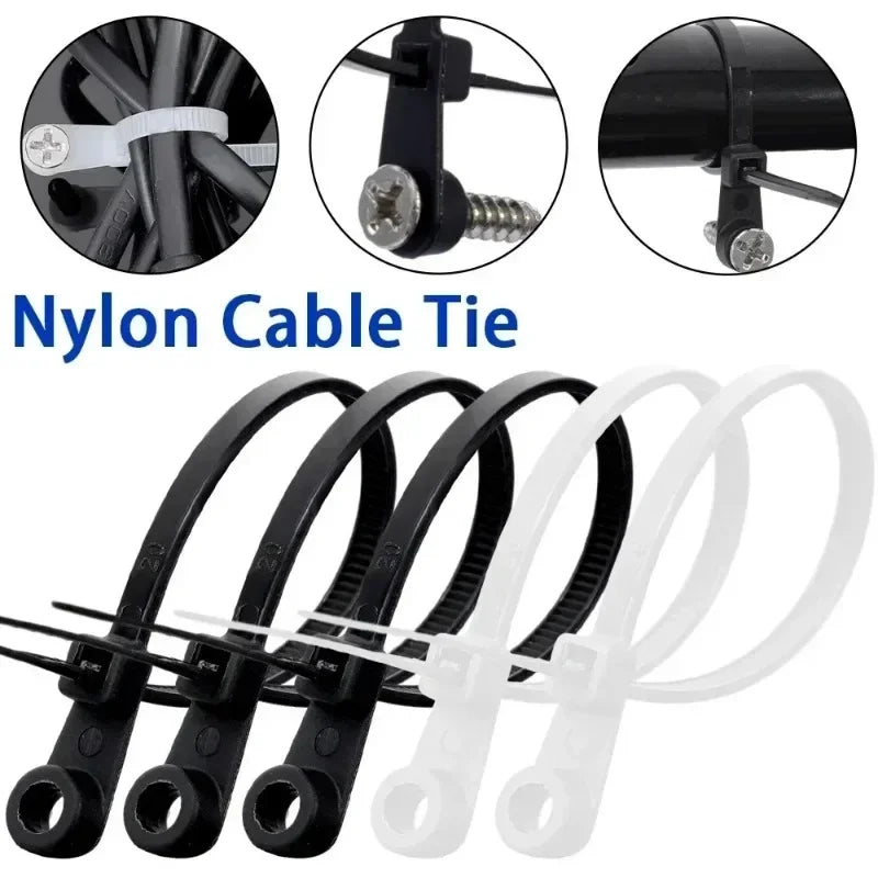 500/100PCS Nylon Cable Ties with Screw Mounting Hole Self Locking Loop Wraps Bundle Fixed Cables Zip Tie Wire Fastening Straps Quake