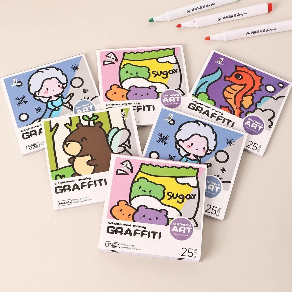 DIY Mini Cartoon Coloring Book 25Sheets Portable Watercolor Coloring Book Note Coloring Painting Album Drawing Practice Quake