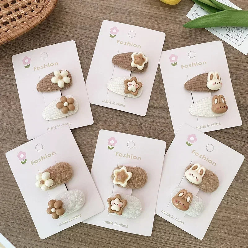 Korean 2pcs Cute Kids Hair Clip Cartoon Rabbit Floral Hair Pin for Girls Milk Coffee Bang Side Clip Children Headwear Quake