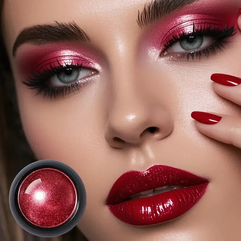 Red Holographic Mirror Nail Powder&Eyeshadow Glitter Lip Makeup 3D Metallic Shine with Free Brush Mirror Mechanical Makeup Effec Quake