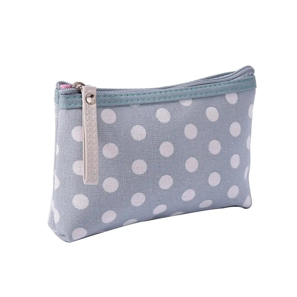 Portable Small Cute Polka Dot Canvas Makeup Bag for Women Girls Simple Travel Lipsticks Organizer Cosmetic Pouch with Zipper Quake Blue