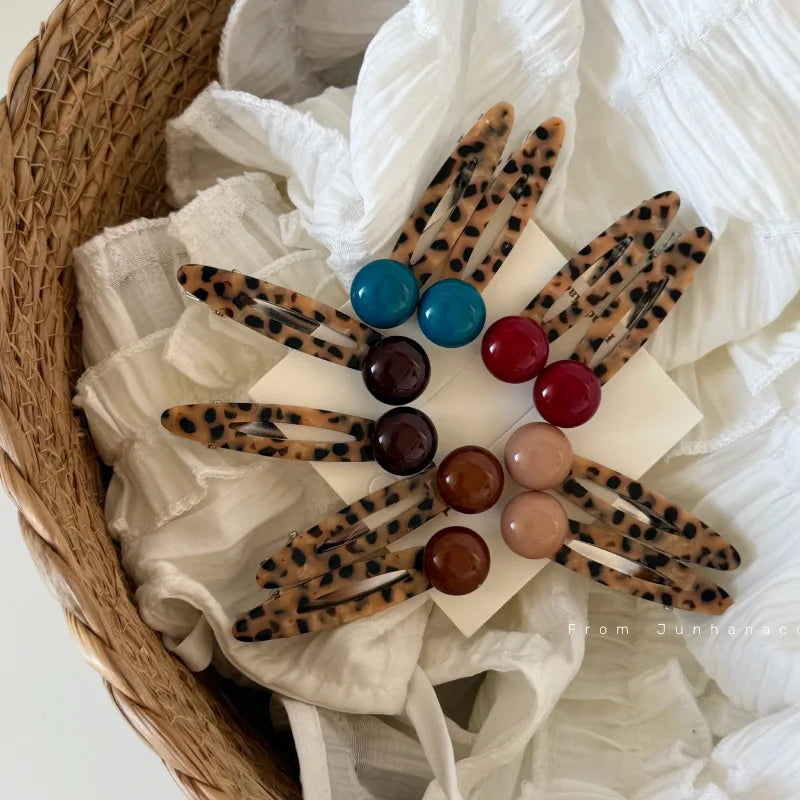 Korean Leopard Print Acetate Hair Clip with Colorful Beads Fashion Versatile Bangs Side Clip for Women Girls Hair Accessories Quake