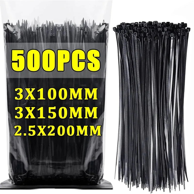 500/100Pcs Nylon Cable Tie Plastic Self-locking Binding Tape Black White Adjustable Cables Fastening Loop Wrap Strap Cable Tie Quake