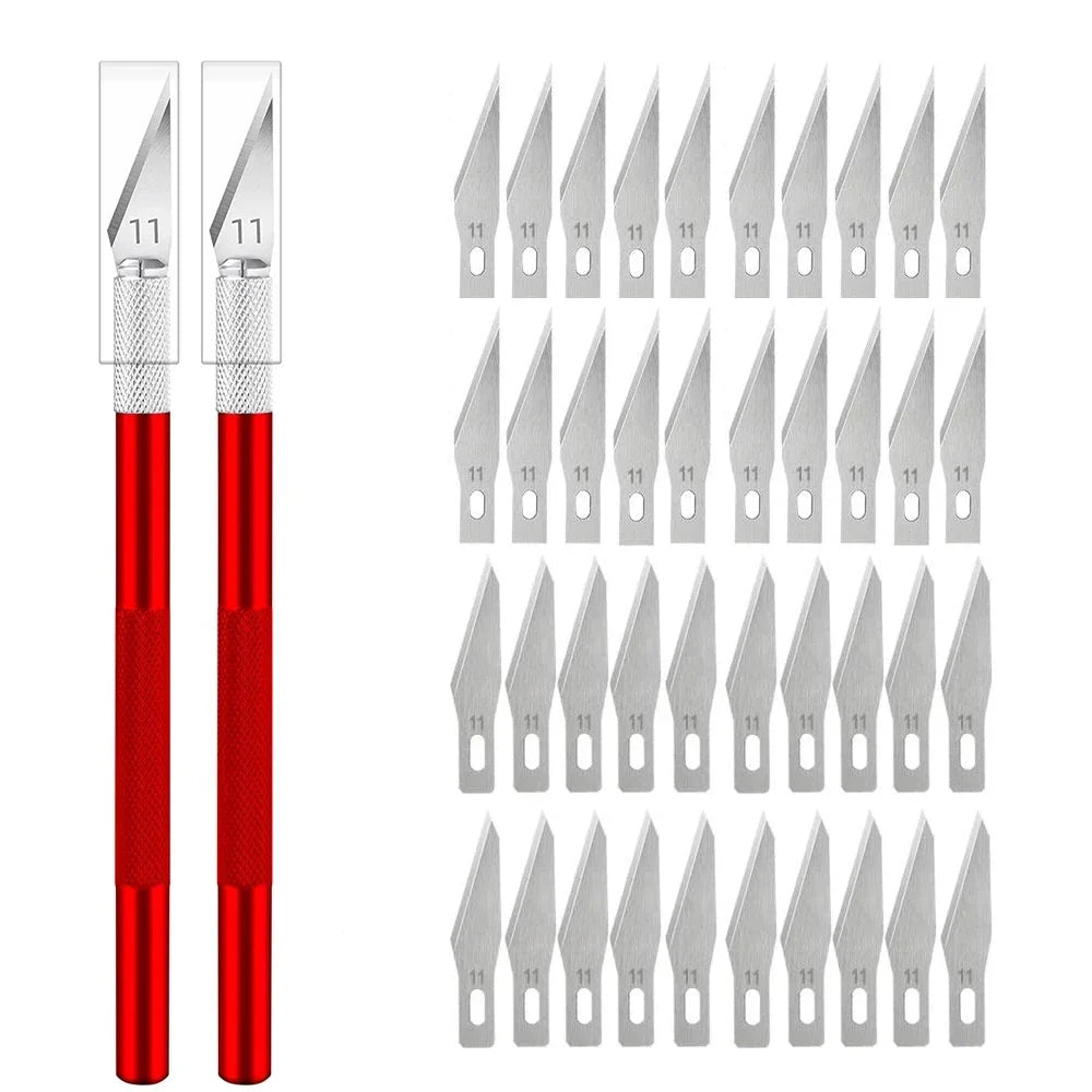 Repair Hand Tools Non-Slip Engraving Metal Knife Kit + 40/10pcs #11 Blades Cutter Craft Knives for Mobile Phone PCB Quake Red