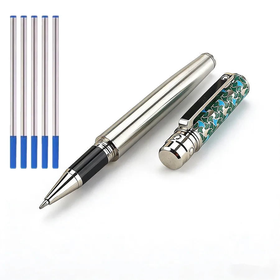 High-Grade Stainless Steel Metal Ballpoint Pen, Exquisite Enamel Decor Business Pen, 0.7mm Fine Point Smooth Writing Pen Quake