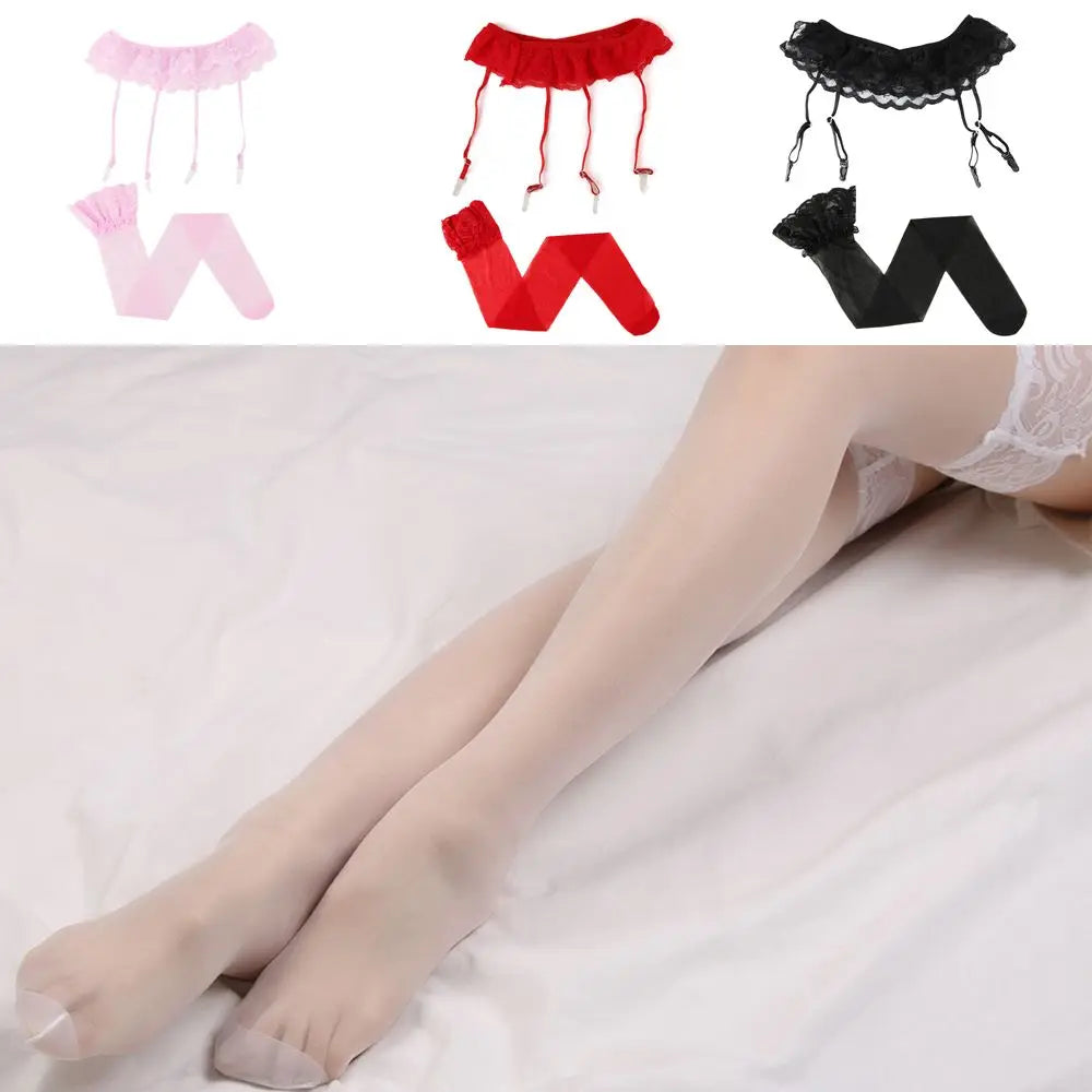 Womens Sexy Hot Lace Top Thigh-Highs Stockings Socks+Suspender Garter Belt Quake