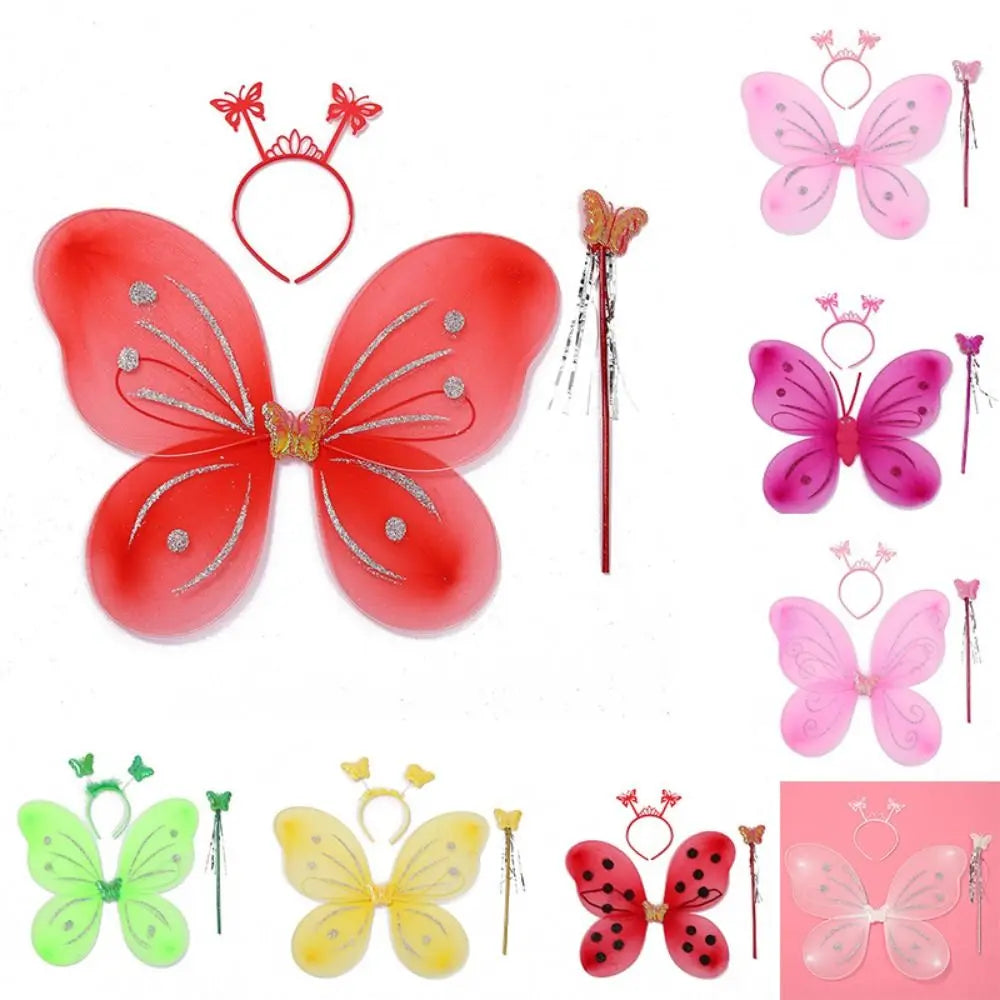 3Pcs/Set Kids Headband Wings Wand Girls Summer Photography Outfit Children Yellow Green Purple Pink Fairy Tale Props Quake