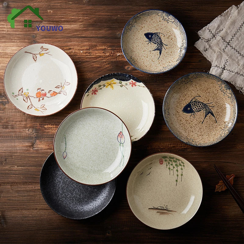 YWDL 8inch Japanese Dessert Salad Dinner Plate Ceramics Pasta Cake Serving Dish Dipping Sauce Dishes Hand-painted Tableware Quake