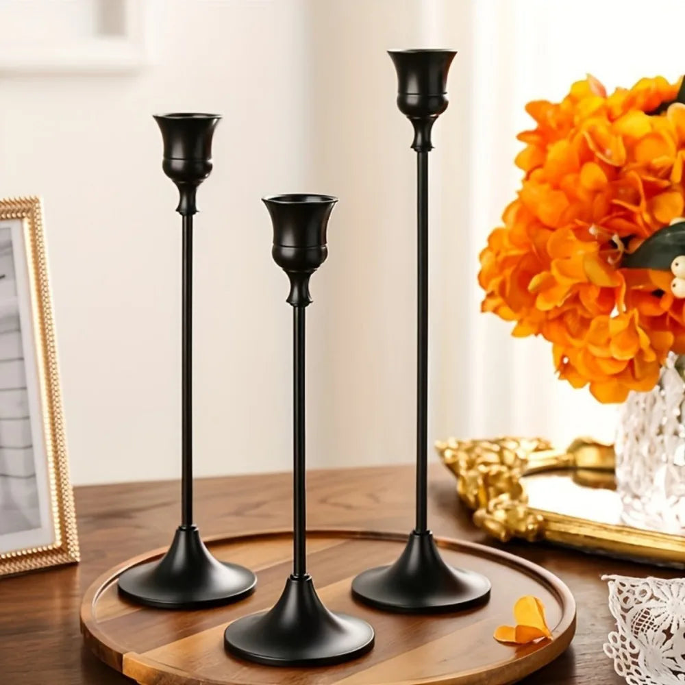 1/3pcs Vintage Elegant Tabletop Candle Holders Metal and Aluminum Home and Hotel Decoration Candlestick Holder Quake black-3 sizes