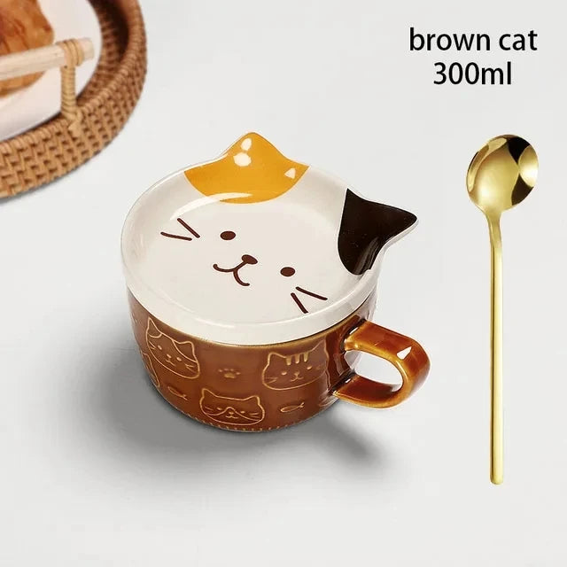 YWDL Japanese Cartoon Cat Coffee Mug With Animal Cat Pattern Lid Small Dish Cute Breakfast Cup Creative Coffee Cup Milk Cup Gift Quake brown cat 301-400ml