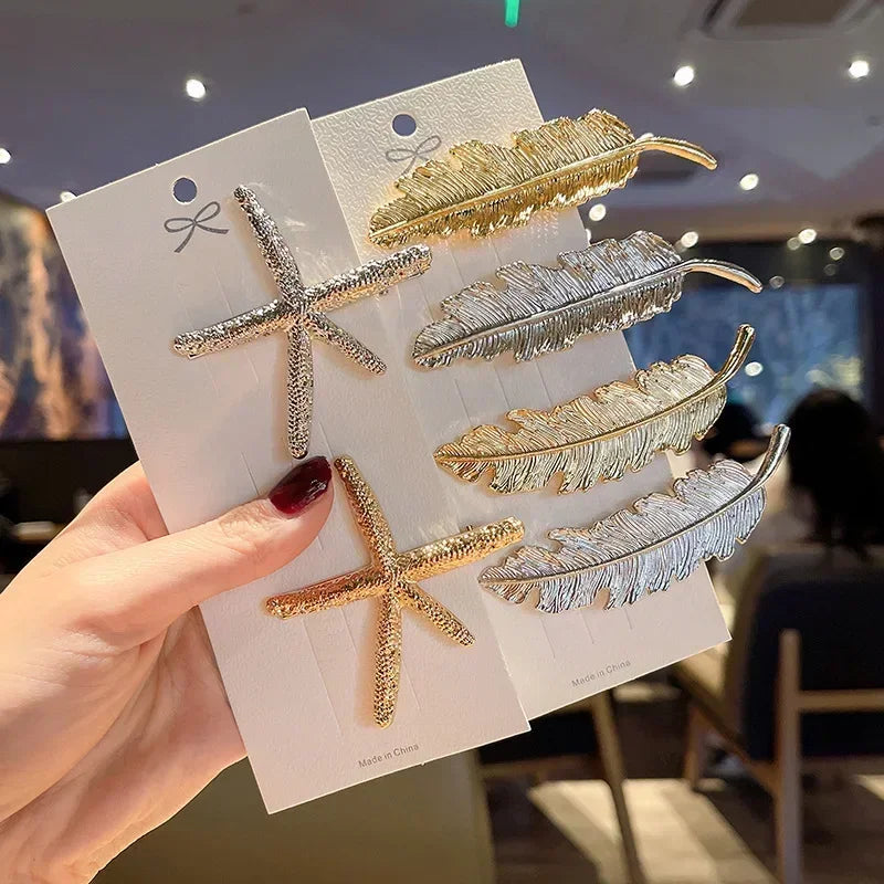 Vintage Elegant Hair Side Clip Feather Leaf Shape Barrette Metal Hairpins Women Girls Duckbill Clip Headwear Hair Accessories Quake