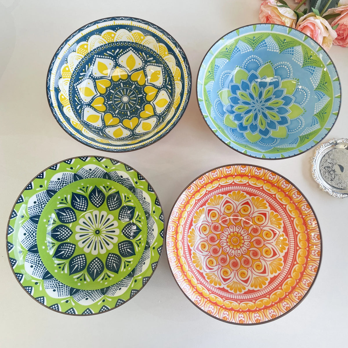 1/4-Piece Bohemian Ceramic Soup Bowl Set, 8 Inches in Diameter, Microwave and Dishwasher Safe, Perfect for Daily Meals Quake