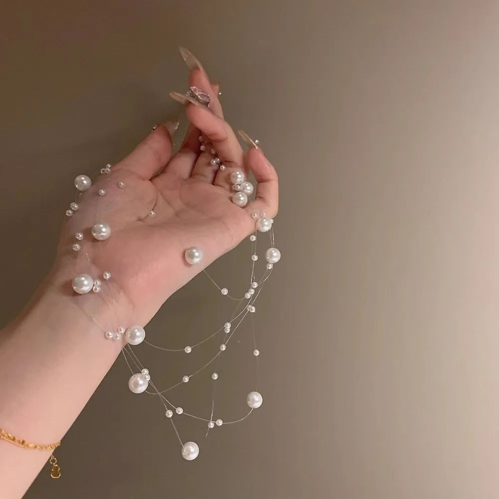 Fashion White Pearl Necklace Adjustable Length Multi-Layer Clavicle Chain Sweater Chain Quake
