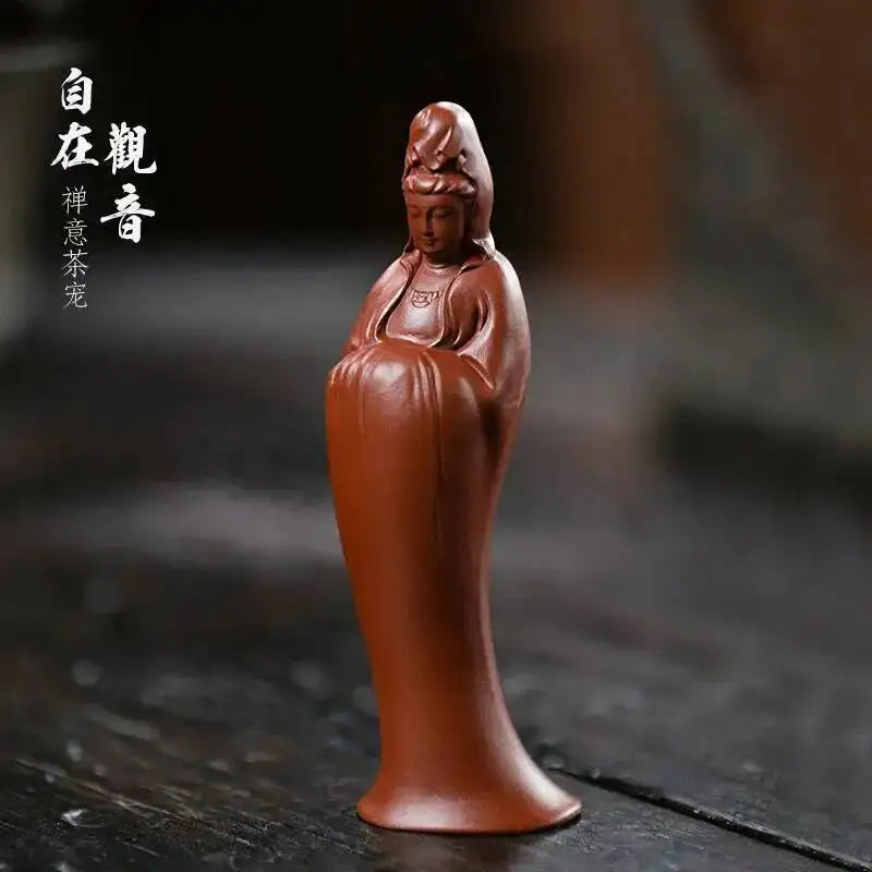 Zisha Tea Pet Zizai Guanyin Small Ornament Handmade Figure Buddha Statue Sculpture Ceramic Tea Play Accessories Quake