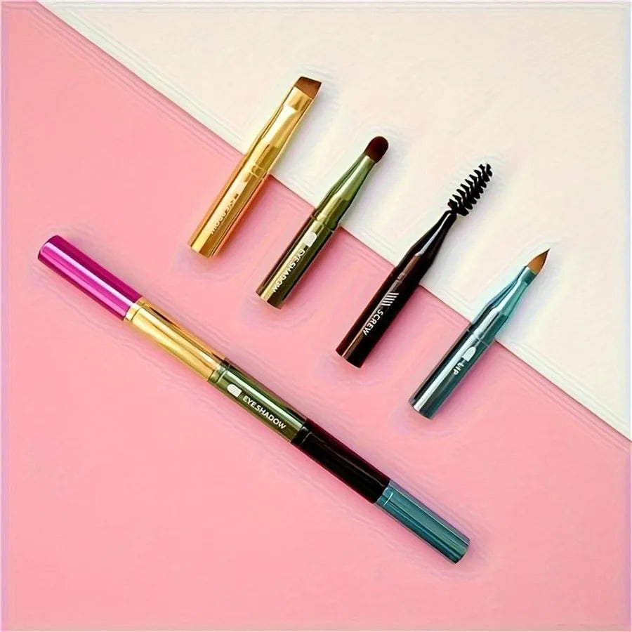 4-in-1 Portable Makeup Brush Set, Metal Handle Eyebrow & Lip Brushes with Eyelash And Eyeshadow Applicators, Travel-Friendly Quake