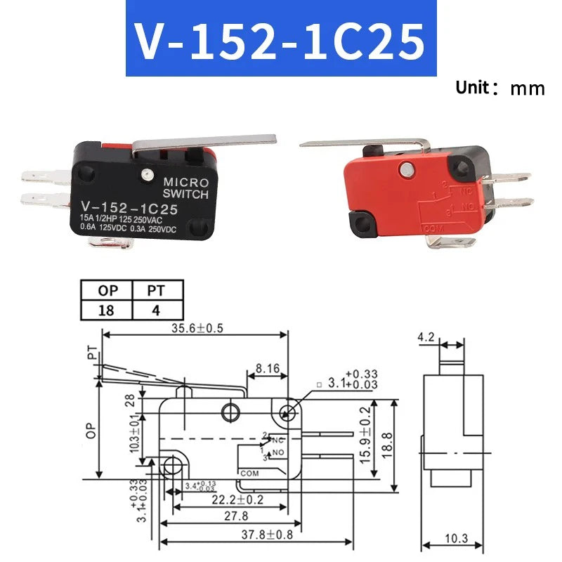 Small Travel Limit Switch V-152/156-1C25 Self-resetting 3-pin Miniature Push Button Tactile Microswitch Quake V-152-1C25 1PCS