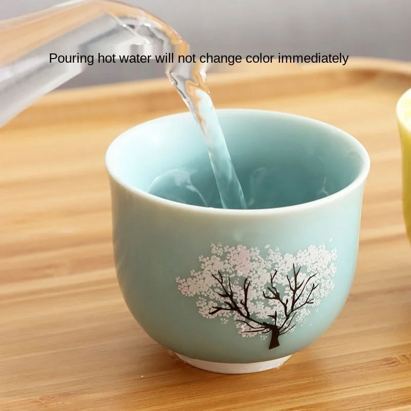 Thermochromic Cup Sakura Tea Cup Ceramic Kung Fu Tea Cupjapanese Style Kiln Tea Cup Master Cup Tea Cup Changing Color Tea Cup Quake