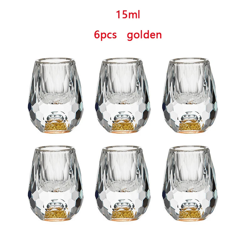 YWDL 6pcs 15ml Liquor Crystal Glasses Set Diamond Cutting Vodka Shot Glass Whiskey Sake Soju Brandy Tea Cup Wine Glasses Quake golden