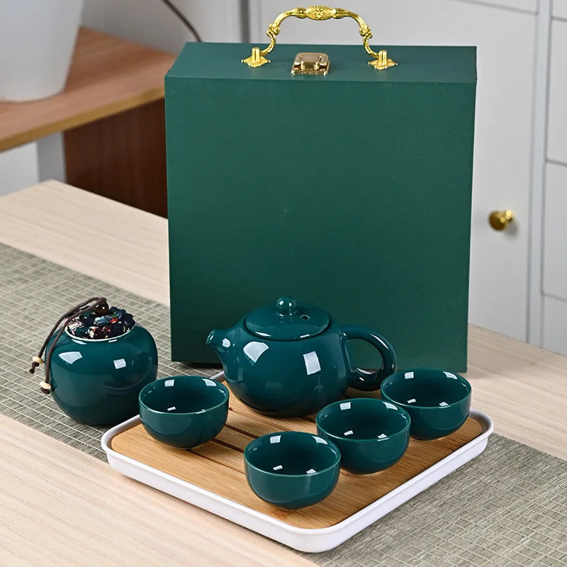 Ding kiln kungfu tea set complete set including tea tray with gift box ceramic teapot gift high-end Quake Green