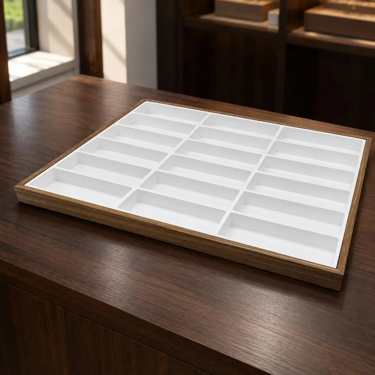 Wooden Sunglasses Display Tray 18 Compartment Felt Bottom Organizer Rack for Eyeglasses Retail Counter Showcase Boutique Storage Quake