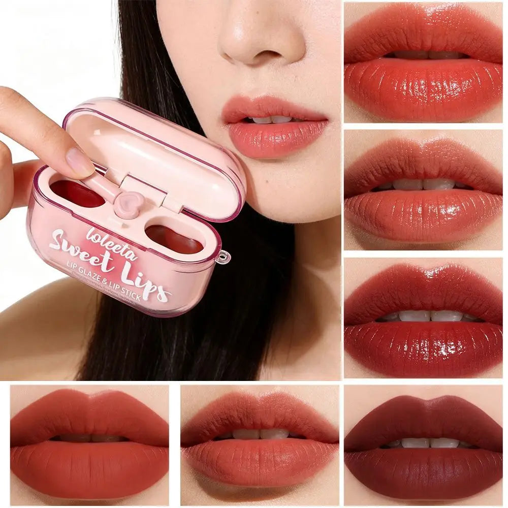 New 2-in-1 Matte Velvet Lipstick Waterproof Fairness-enhancing Glitter Lipstick Non-Fade Headphone Shape Lip Gloss Women Girl Quake