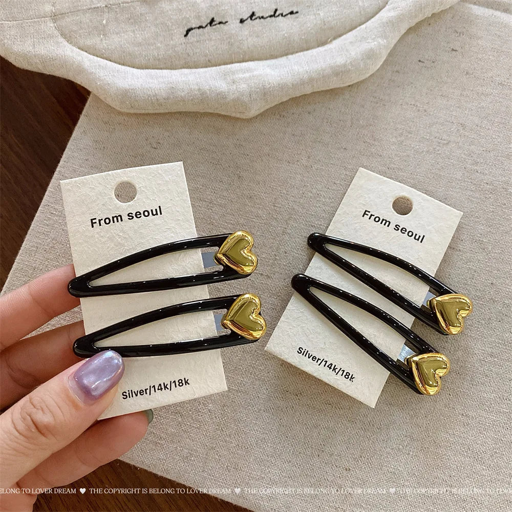 Golden Heart-shaped Black BB Clip Korean Fashion Simple Forehead Bangs Side Clip Women Girls Versatile Hair Styling Accessories Quake