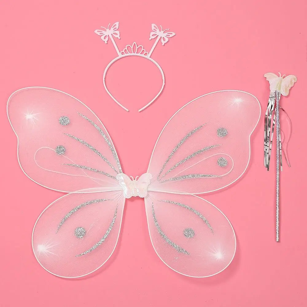 3Pcs/Set Kids Headband Wings Wand Girls Summer Photography Outfit Children Yellow Green Purple Pink Fairy Tale Props Quake Style 6-3pcs-set