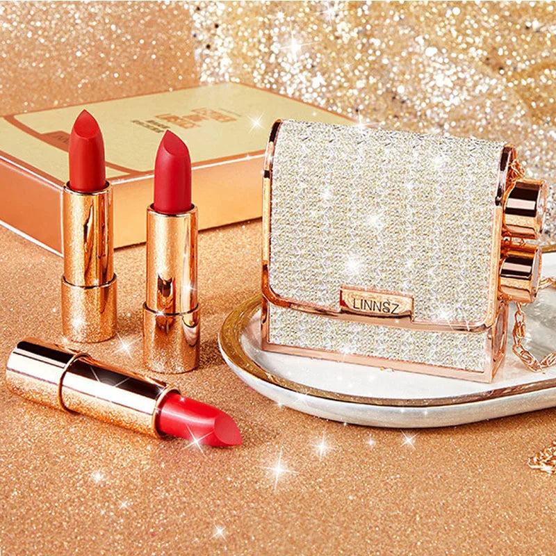3pcs Velvet Lipstick with Chain Bag Gift Waterproof Non-Stick Long-Lasting Rotating Lipstick Makeup Set for Valentine's Day Gift Quake