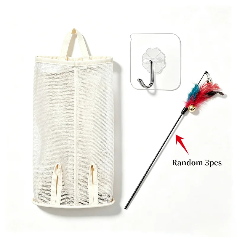 Cat Teaser Wand Toy Set With Mesh Hanging Storage Bag Self Adhesive Hook Interactive Kitten Feather Wand Organizer Kit Quake Set B