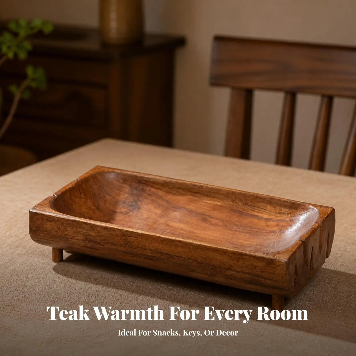 Teak Wood Snack Tray with Raised Sides for Serving Fruit Nuts and Appetizers on Coffee Table Decor Quake