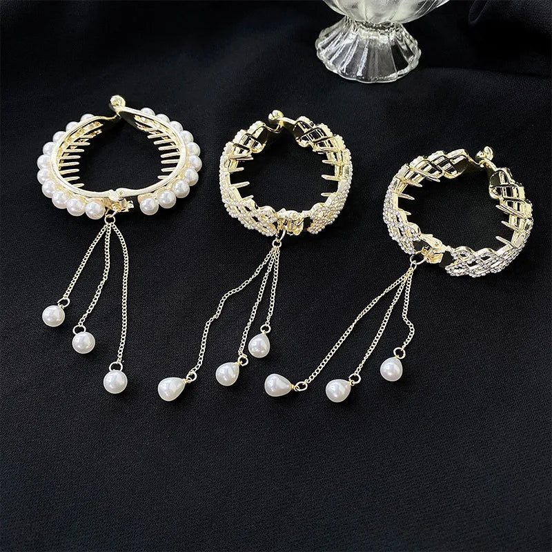 Rhinestone Pearl Ponytail Hairpin Women Girls Elegant Hair Grab Clip Girls Updo Barrettes Headwear Girls Kids Hair Accessories Quake