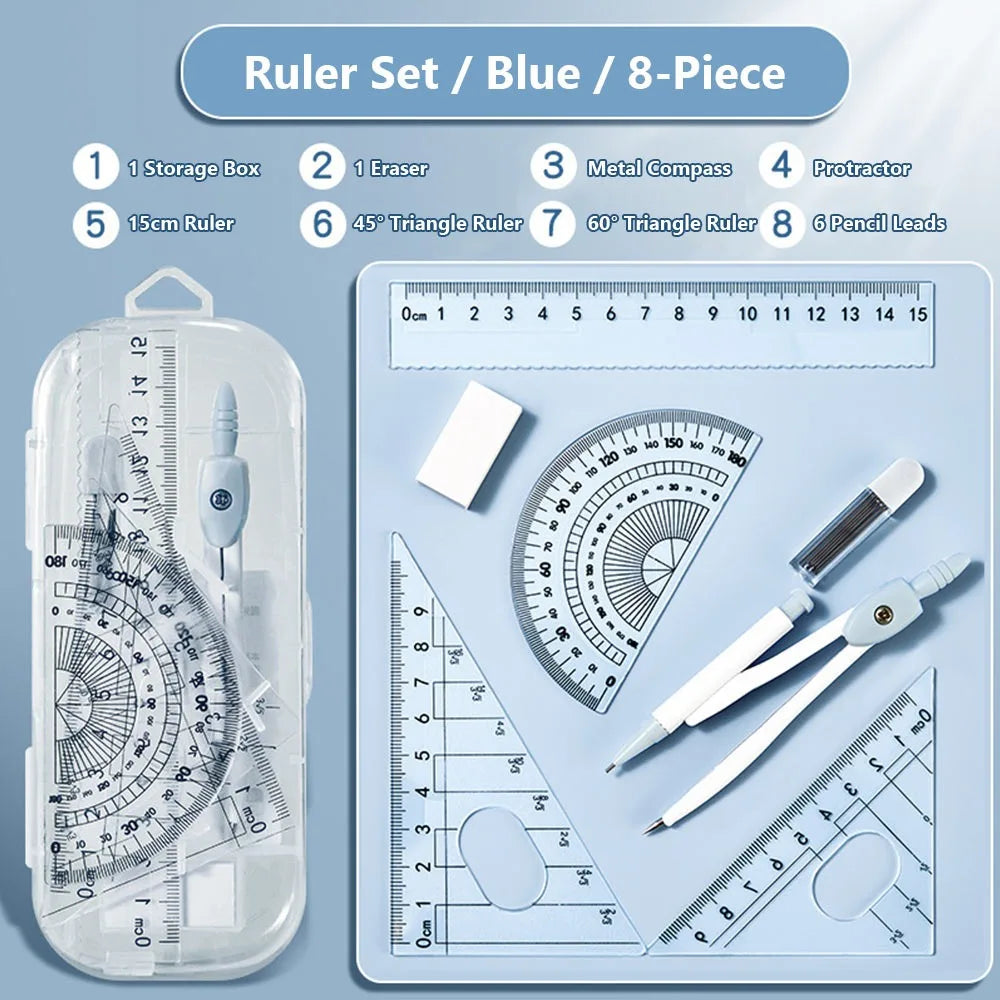 8PCS/Set High Quality Plastic Ruler Compasses Set Eraser Transparent Protractor Set Square Straight Ruler Drawing Tool Students Quake Blue 8PCS B