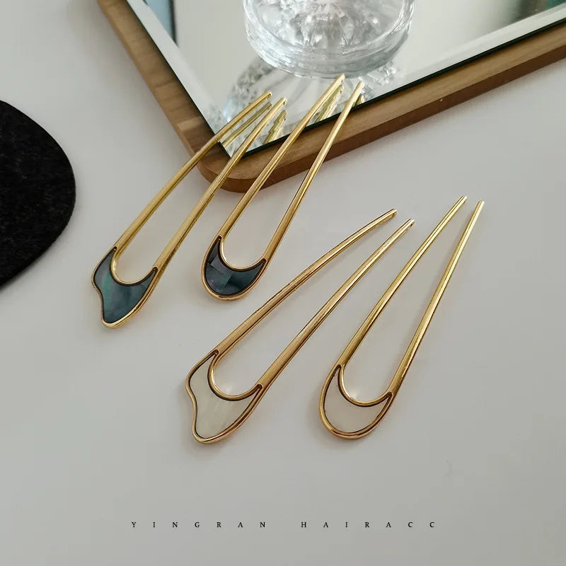 Simple Elegant Gold Sliver Enamel Hairpin Hair Stick Women Girls Korean Metal U-shaped Hair Styling Accessories Jewelry Headwear Quake