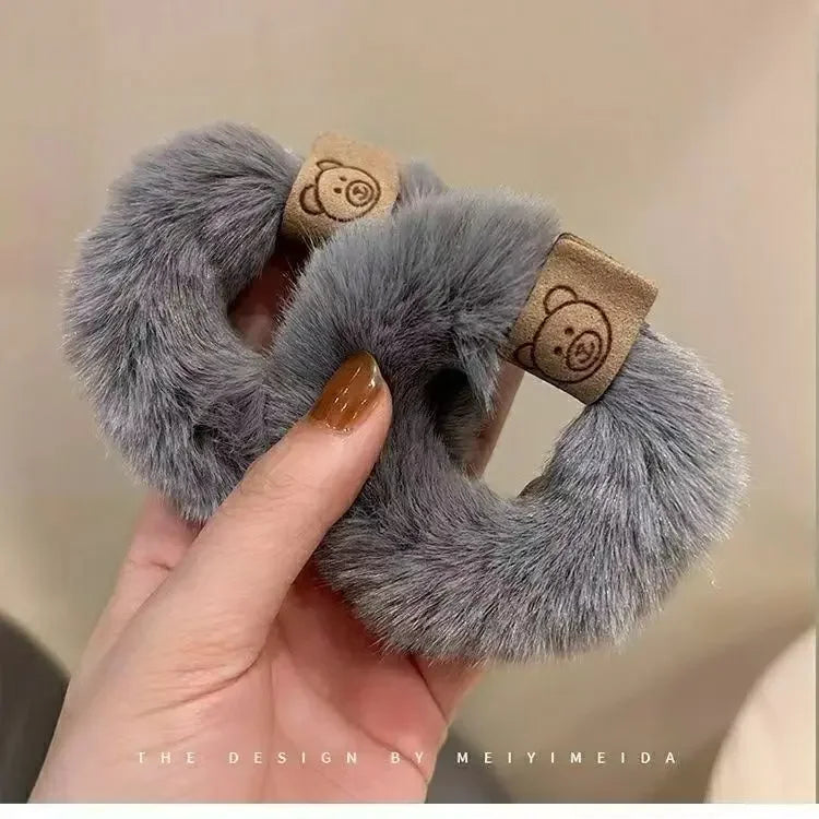 2023 New Soft Plush Hair Rope Korean Thick High Elastic Bear Hairband Braiding Hair Accessories Ponytail Headwear Scrunchies Quake 1pc-gray