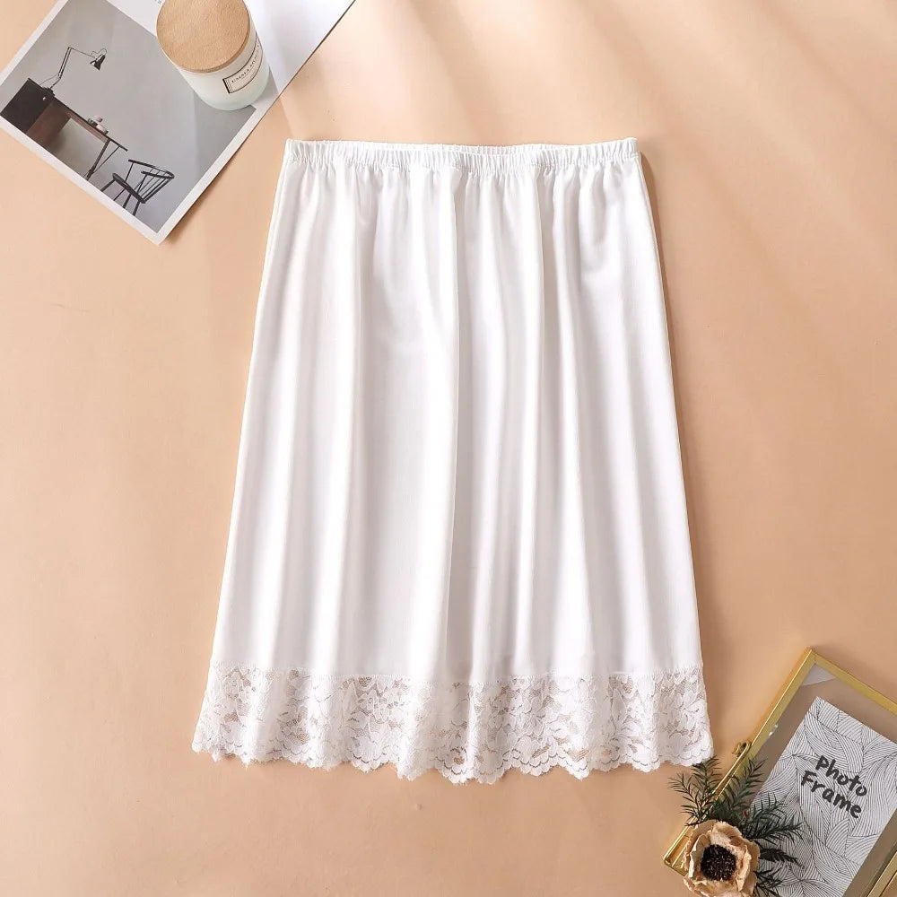 Thin Ice Silk Modal Female Half Length Skirt Anti-glare Lace Underskirt Anti-Penetrating Pure Color Half Slip Dress Petticoat Quake White 50cm M